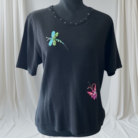 Vintage 90s Just B. Embroidered Beaded Sweater Butterfly Dragonfly L Embellished - Picture 2 of 12